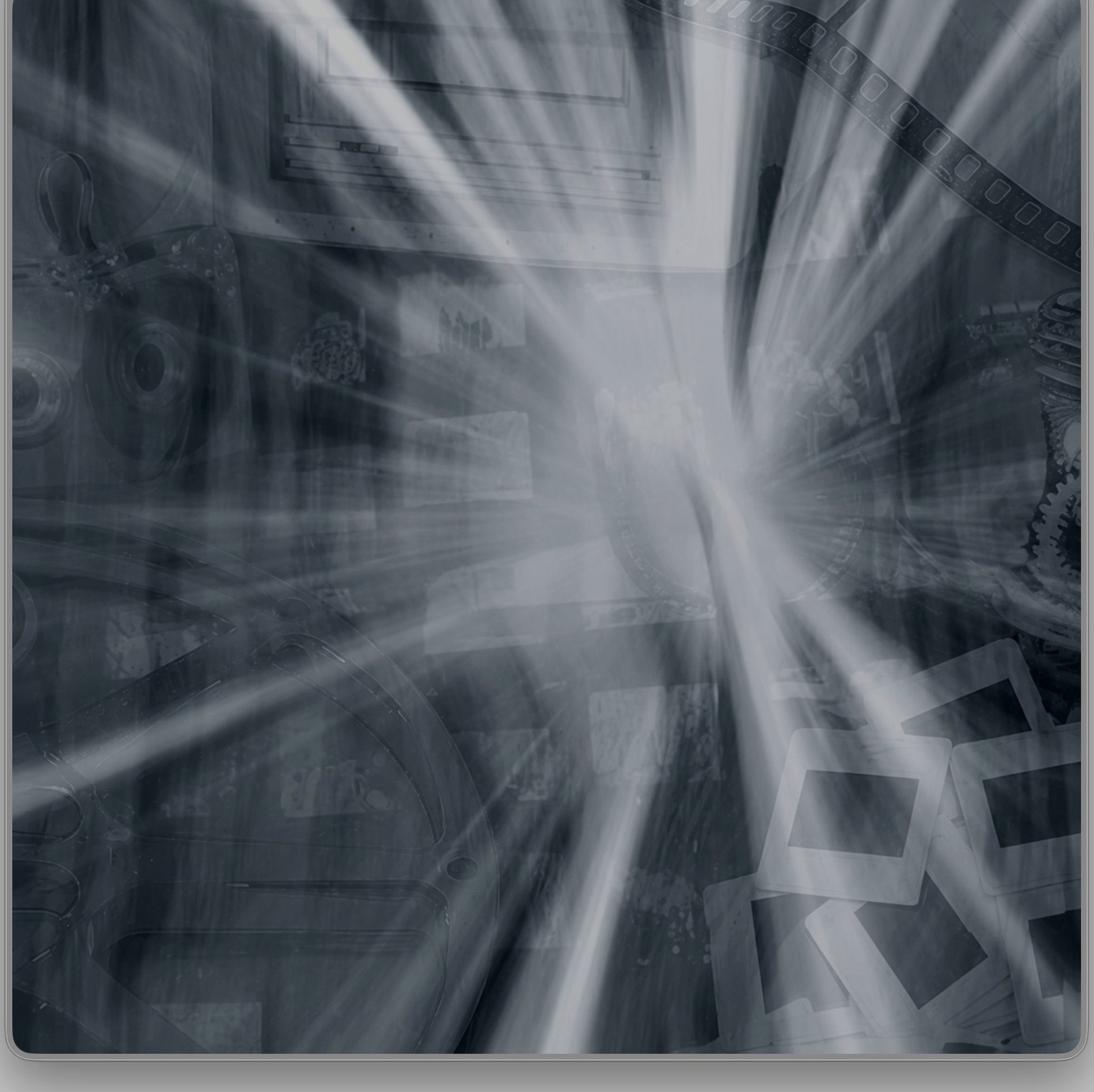 Composite of archival media: film reels, filmstrips, slides and tape, lit from within